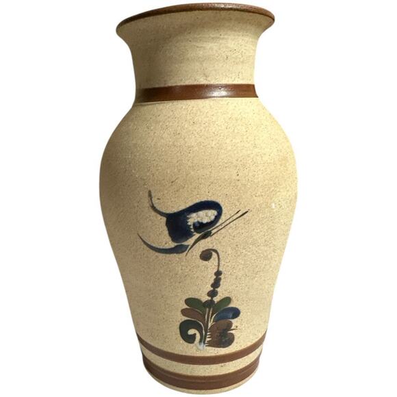 Tonala Mexican Folk Art Pottery Flower Vase Blue Bird Textured Mexico Sandstone - Picture 2 of 4